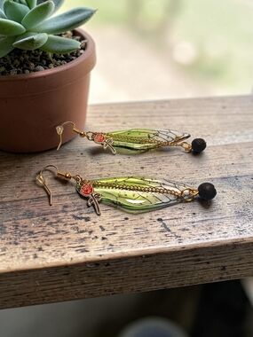 Handmade Green Leaf Dangle Earrings with Rose Charm